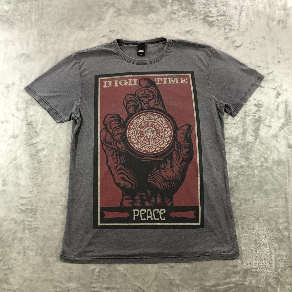 Vintage Obey Shirt Mens Medium Gray High Time Peace Graphic Tee USA Paper Thin